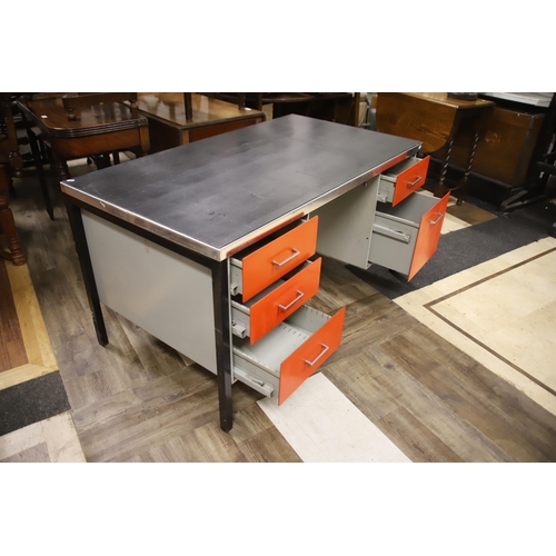 1248 - Vintage Industrial type Kneehold Desk with drawers to each side. Metal frame with Vinyl top ,  in ve... 