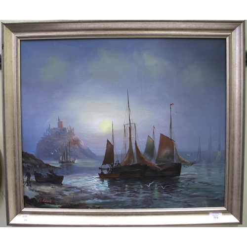 952 - Framed Oil on Board of a Harbour scape by P Lewis,   Frame size 23 x 27 inches. See photos.