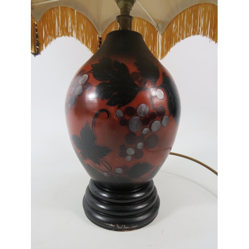 558 - Vintage French handpainted glass table lamp signed Drimmer, comes with fringed shade.