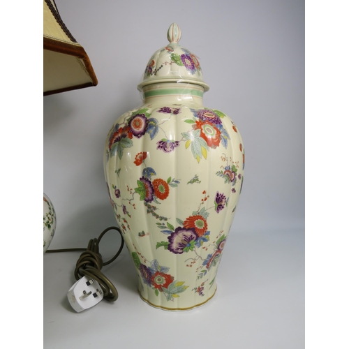 560 - Large Faience style table lamp with shade plus a large German lidded jar (repair to finial). The lam... 