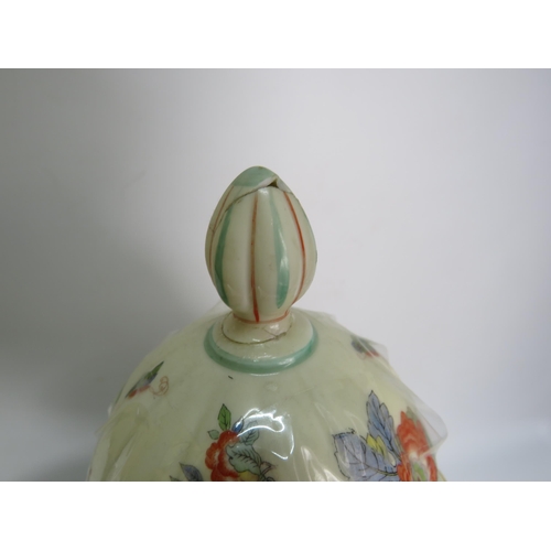 560 - Large Faience style table lamp with shade plus a large German lidded jar (repair to finial). The lam... 