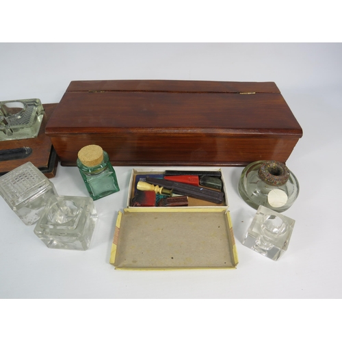 566 - Vintage inkwell pen rest desk tidy plus a wooden pen box and selection of various inkwells and a wax... 