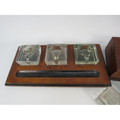 566 - Vintage inkwell pen rest desk tidy plus a wooden pen box and selection of various inkwells and a wax... 