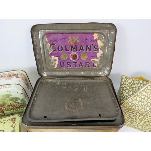 568 - Vintage Colemans Mustard tin, Chad Valley Tin money box clock etc.