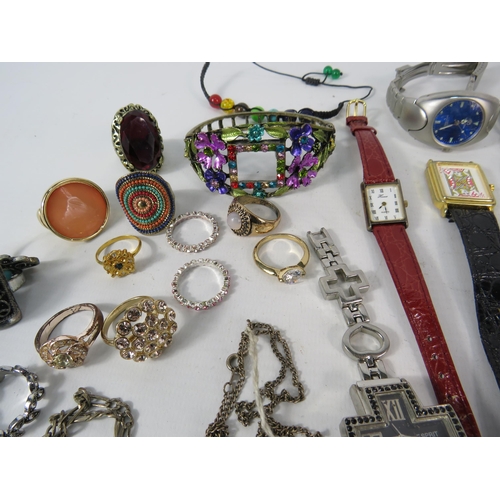 576 - Mixed lot of Ladies wristwatches and Costume jewellery rings plus a Sterling silver Necklace with cr... 