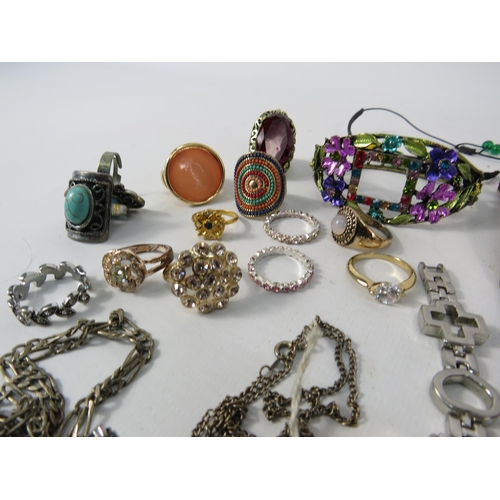 576 - Mixed lot of Ladies wristwatches and Costume jewellery rings plus a Sterling silver Necklace with cr... 