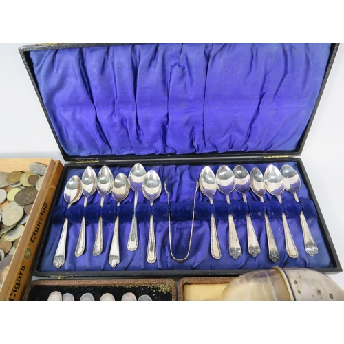 580 - Mixed lot to include various vintage uk and foreign coins, vintage hip flask & silver plated cutlery... 