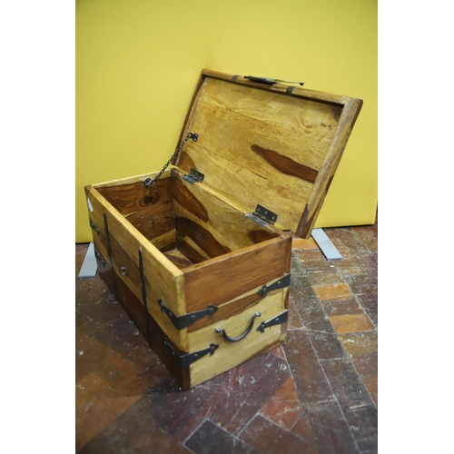 982 - Attractive Mango Wood Chest with exposed metal straps and clasp.  Measures approx 12 x 23 x 12 inche... 