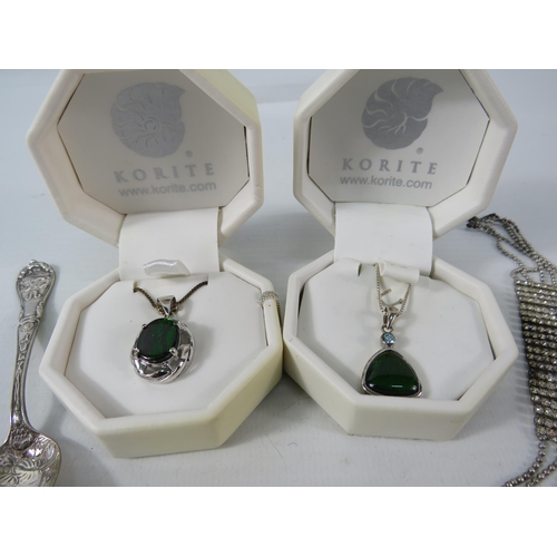 379 - Two Sterling silver Ammolite pendants with chains plus a sterling silver spoon & locket plus some co... 