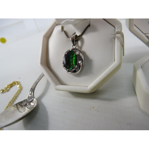 379 - Two Sterling silver Ammolite pendants with chains plus a sterling silver spoon & locket plus some co... 