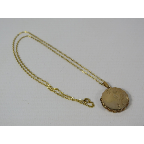 383 - 9ct Gold scroll engraved locket on a 19