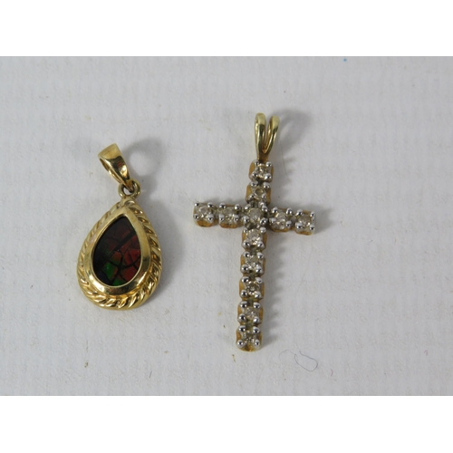 385 - 10ct Gold Crucifix pendant set with 12 small diamonds & a 14ct gold Ammoilte set pendant. Total weig... 