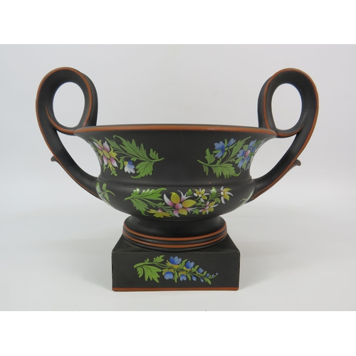 400 - Rare Wedgwood Basalt Capriware twin handle Bough pot hand decorated with flowers, 7.5