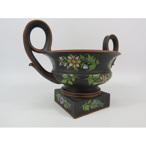 400 - Rare Wedgwood Basalt Capriware twin handle Bough pot hand decorated with flowers, 7.5