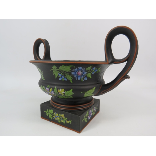 400 - Rare Wedgwood Basalt Capriware twin handle Bough pot hand decorated with flowers, 7.5