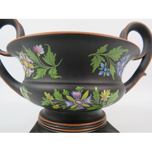 400 - Rare Wedgwood Basalt Capriware twin handle Bough pot hand decorated with flowers, 7.5