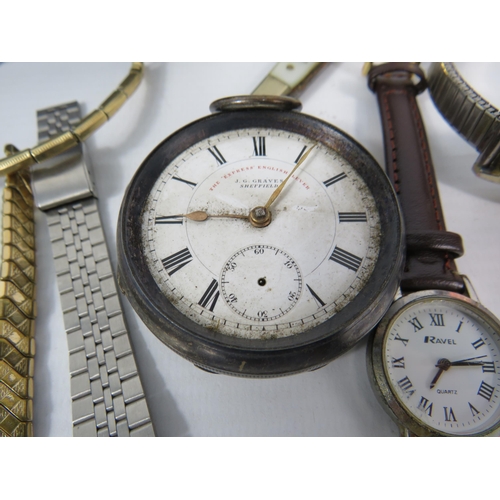 586 - Mixed lot to include a sterling silver pocket watch for spares or repair and various wristwatches.