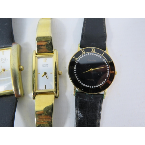 614 - Four Ladies quartz wristwatches Accurist Citizen etc (all require new batteries).