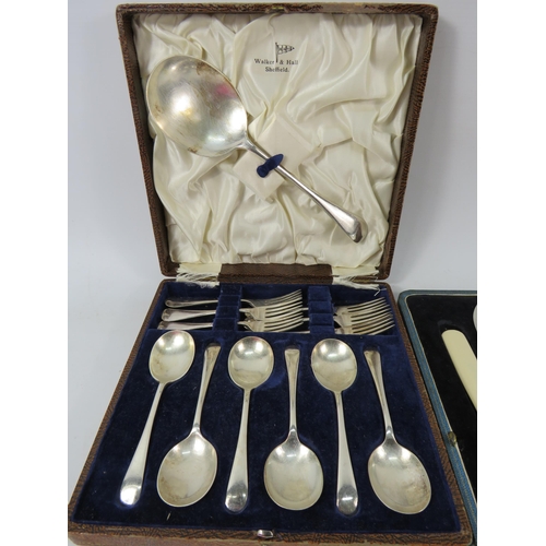 617 - Walker and Hall Fruit cutlery set plus a fish servers knife and fork by Charles James Allen.