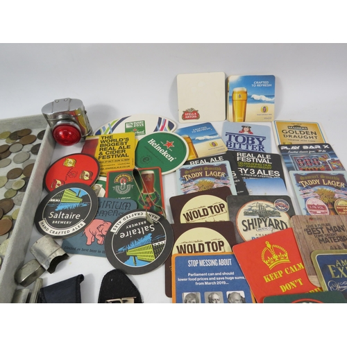 618 - Mixed lot to include three Ronson lighters, various vintage UK and foreign coins, beermats etc.