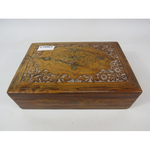 625 - Vintage wooden jewellery box with secret lock plus small selection of watches & pin badges.