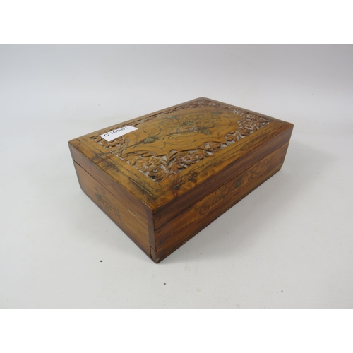 625 - Vintage wooden jewellery box with secret lock plus small selection of watches & pin badges.