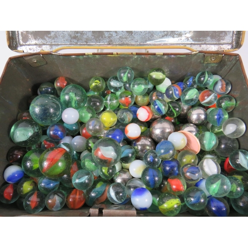 627 - Vintage Thornes Toffee tin containing a quantity of marbles and steelies.