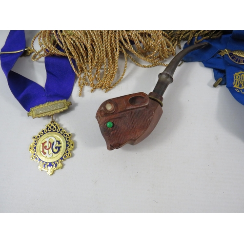 629 - Various RAOB medals, Sashes, buffalo pipe, pin badges and leather medal wallets.