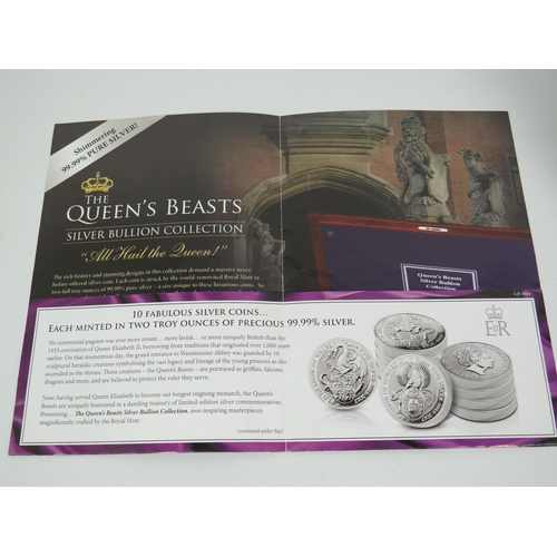 336 - The Queens Beasts by Danbury Mint. A collection of Ten 0.999 Silver coins inspired by the Royal Mint... 