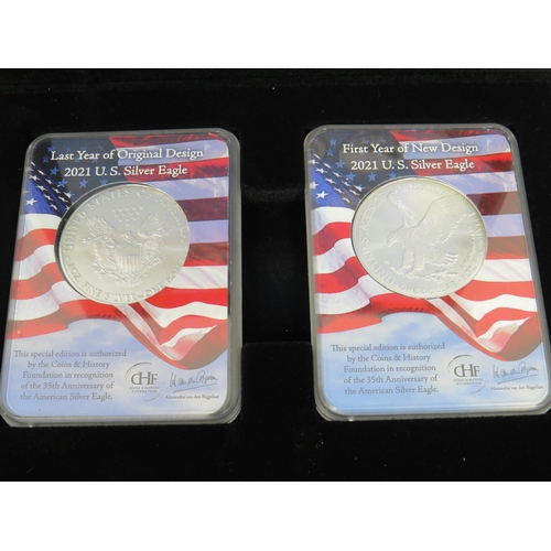 339 - Two 2021 US Silver Eagles of .999 Silver set in a PVC and Velvet lined display case. Each coin weigh... 