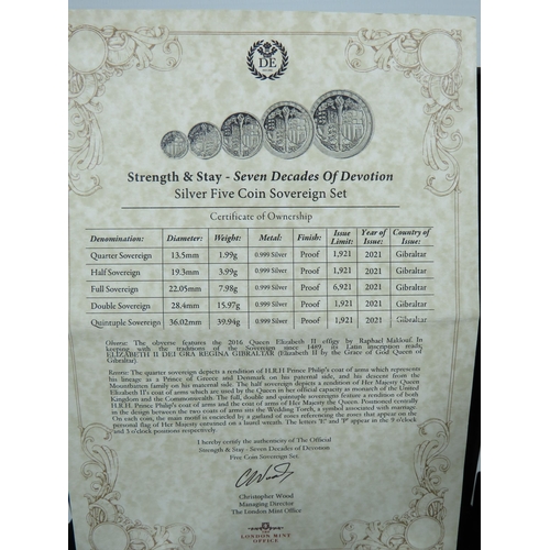 340 - London Mint Office Five coin Soveriegn set.  Seven Decades of Devotion. Comes in presentation case w... 