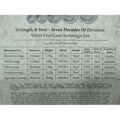 340 - London Mint Office Five coin Soveriegn set.  Seven Decades of Devotion. Comes in presentation case w... 