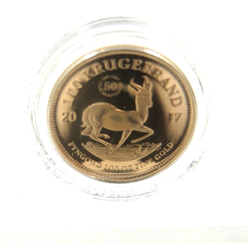 349 - 2017 South African Mint 1/10th OZ Gold Kruggerand Proof Coin 3.39g Ltd Edition coin. Comes with pres... 