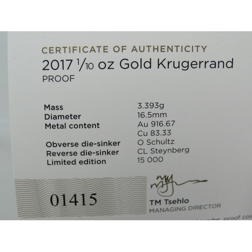 349 - 2017 South African Mint 1/10th OZ Gold Kruggerand Proof Coin 3.39g Ltd Edition coin. Comes with pres... 