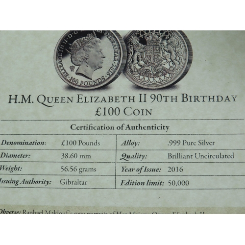 815 - London Mint QEII 9oth Birthday Commemoration �100 Coin with CoA (heavier than shown weight)  togethe... 