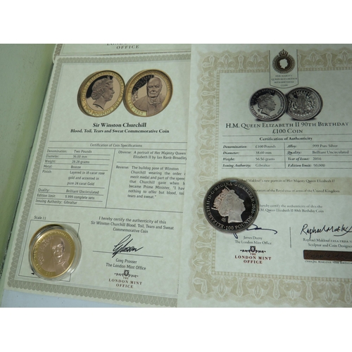 815 - London Mint QEII 9oth Birthday Commemoration �100 Coin with CoA (heavier than shown weight)  togethe... 