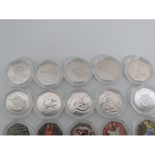 817 - 27 Uncirculated commemorative 50p Coins which are untested and without certification.  See photos