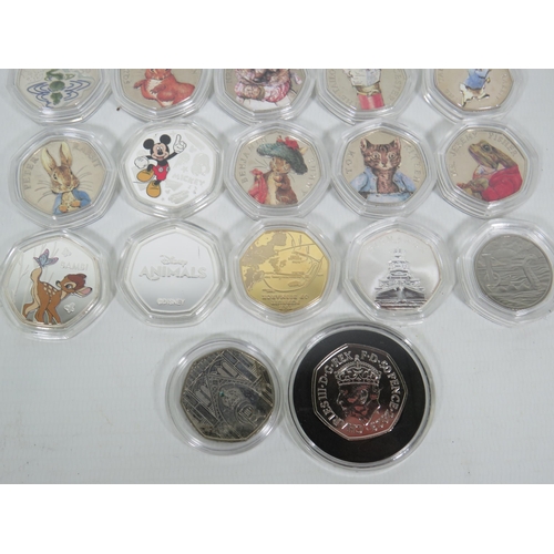 817 - 27 Uncirculated commemorative 50p Coins which are untested and without certification.  See photos