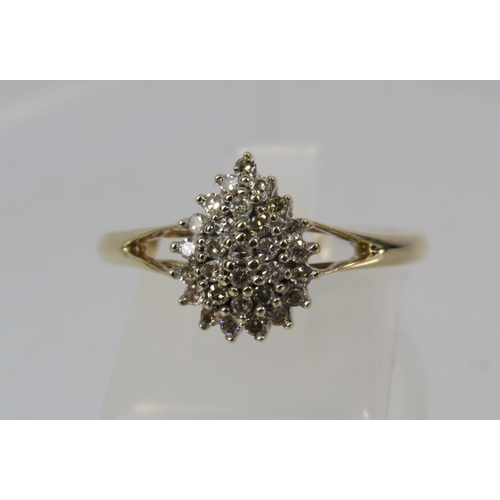 268a - 9ct Yellow Gold tear drop diamond cluster ring .25ct, size 0.5. 2.7 grams