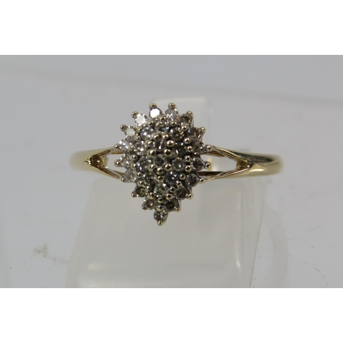 268a - 9ct Yellow Gold tear drop diamond cluster ring .25ct, size 0.5. 2.7 grams