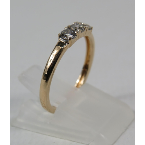 282a - 9ct Rose gold ring set with 3 diamonds, .37ct. Finger size L.5. 1.5 grams.