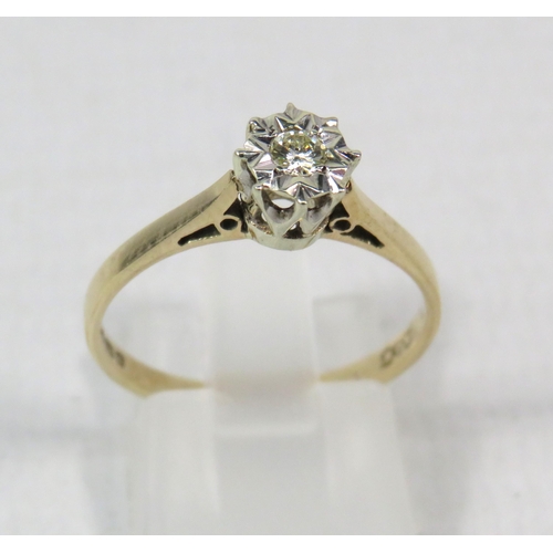 283a - 9ct Yellow gold illusion set diamond ring .10ct, finger size P. 1.8 grams