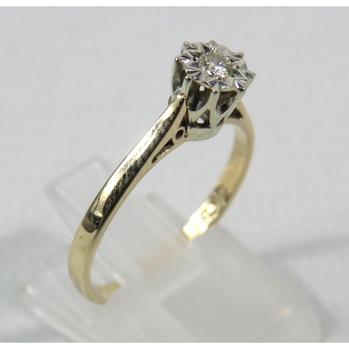 283a - 9ct Yellow gold illusion set diamond ring .10ct, finger size P. 1.8 grams