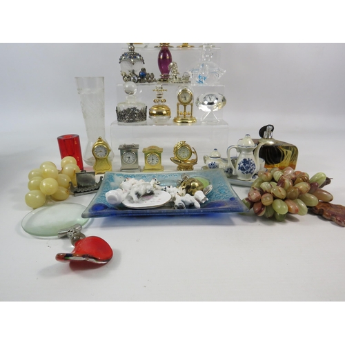 631 - Mixed lot to include Miniature clocks, scent bottles, mini teasets etc.