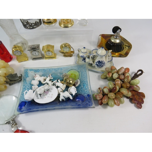 631 - Mixed lot to include Miniature clocks, scent bottles, mini teasets etc.