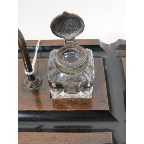 823 - Darkwood desk set with original brass topped glass inkwells in excellent condition. Measures approx ... 