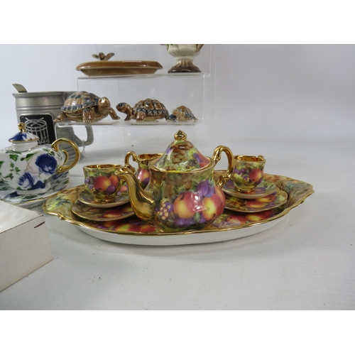 649 - Mixed lot including two miniature teaset, Glass stag beetle, Wade etc.