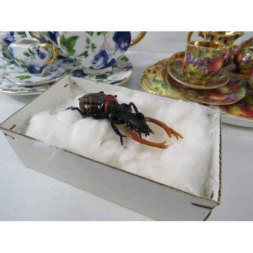 649 - Mixed lot including two miniature teaset, Glass stag beetle, Wade etc.