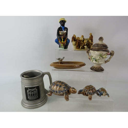 649 - Mixed lot including two miniature teaset, Glass stag beetle, Wade etc.