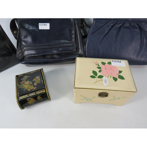 650 - Three vintage haandbags, a jewellery box and keepsake box with oriental design.